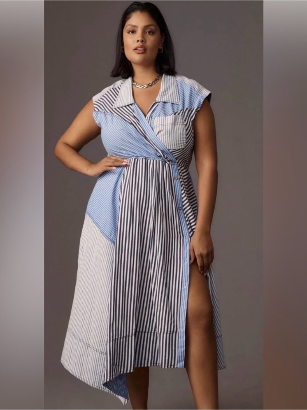 Pilcro Blue and White Asymmetrical Wrap Midi Dress